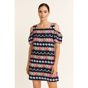 R.Rabbit Pink and Like Green Macaroon Novelty Print Shift Dress M